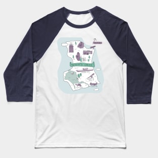 The Town of Schitt's Creek, hand drawn map of all of the town landmarks in purples, blues and minty greens. Baseball T-Shirt